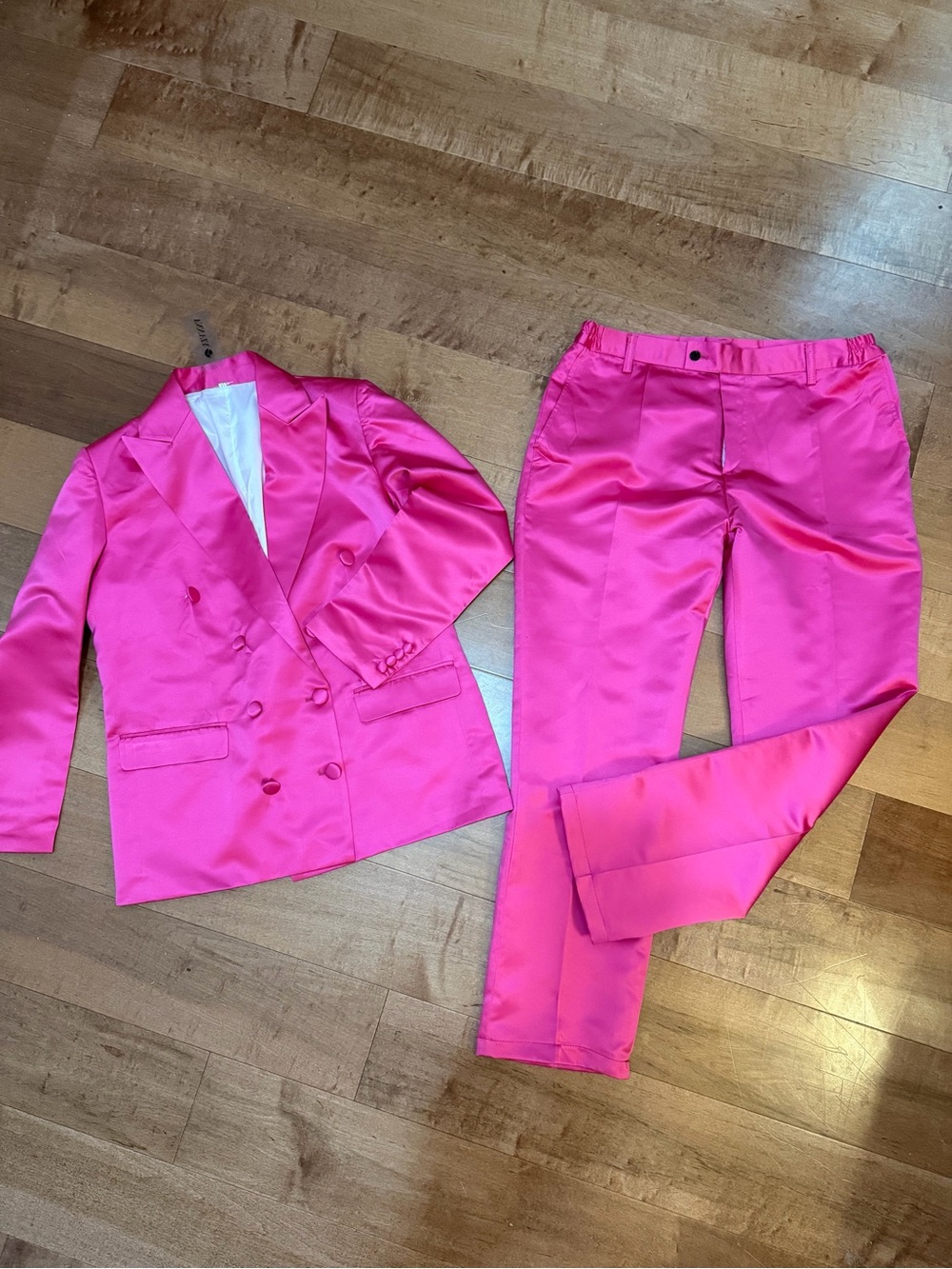 Womens Hot Pink Double-Breasted Satin Blazer & Trousers Suit